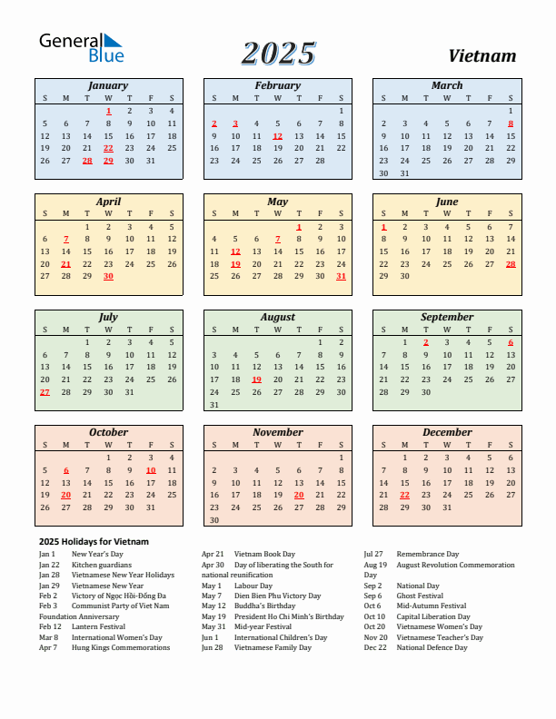 Vietnam Calendar 2025 with Sunday Start