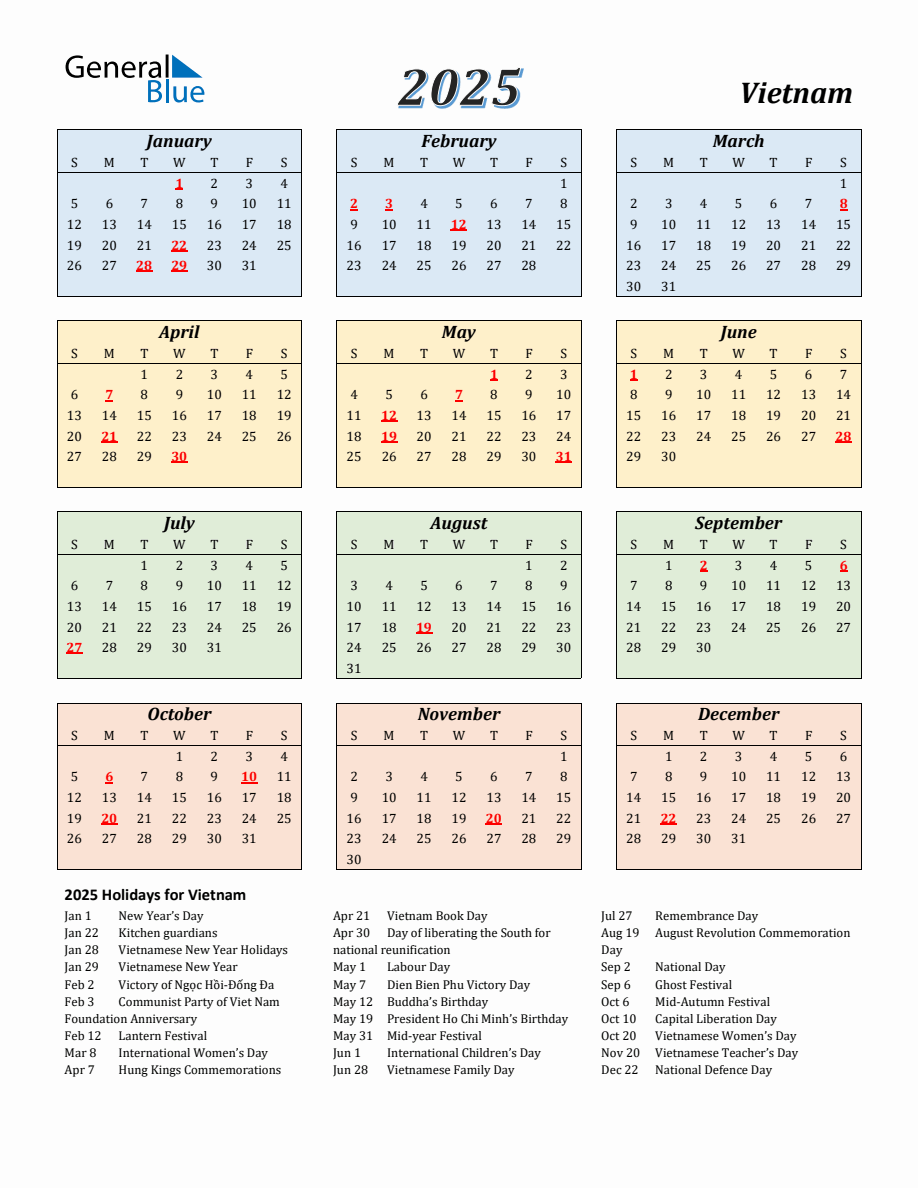 2025 Vietnam Calendar with Sunday Start