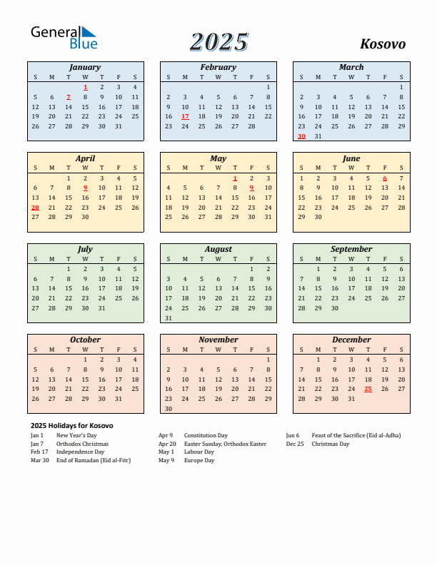 Kosovo Calendar 2025 with Sunday Start