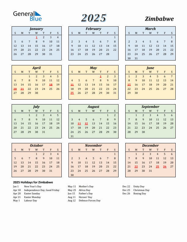 Zimbabwe Calendar 2025 with Sunday Start