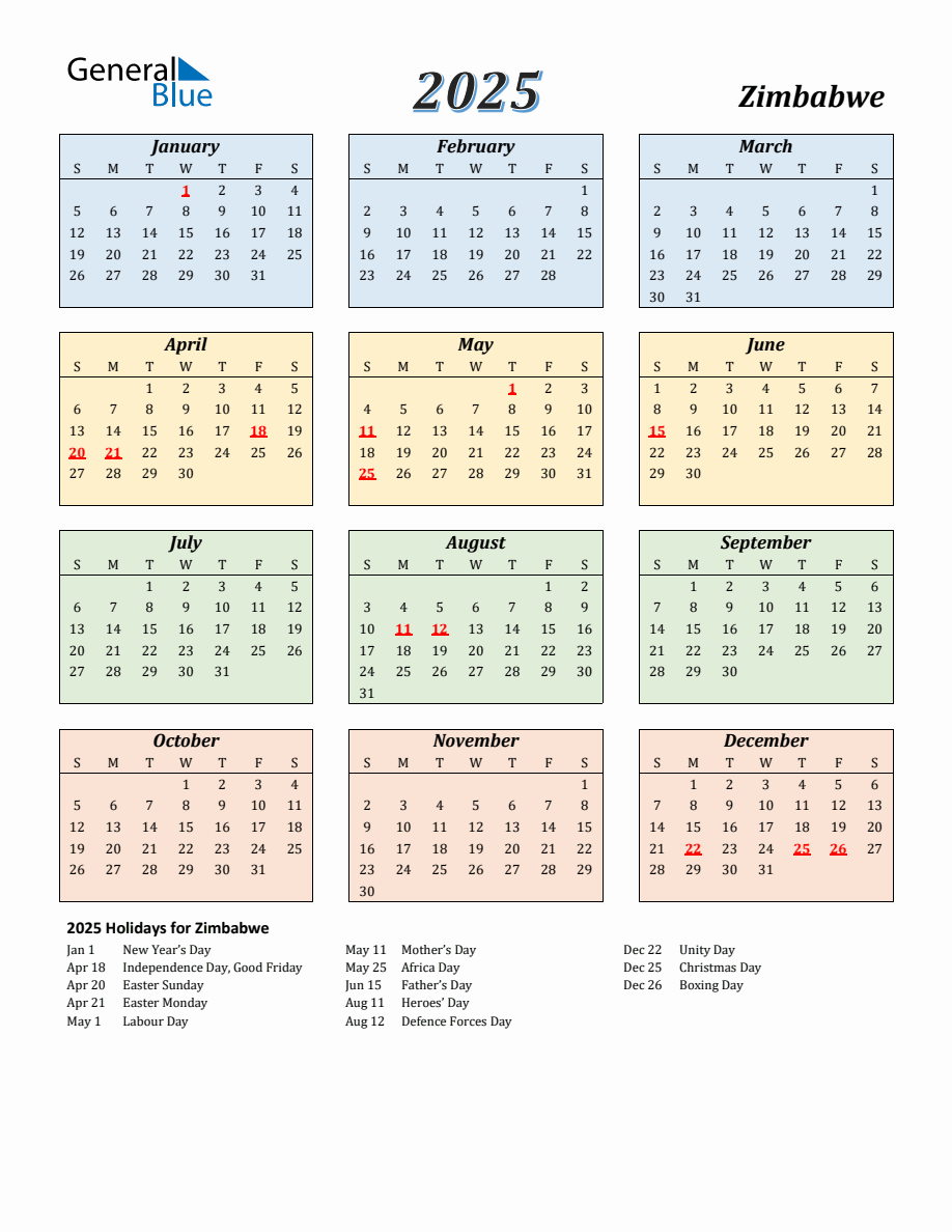 2025 Zimbabwe Calendar with Sunday Start