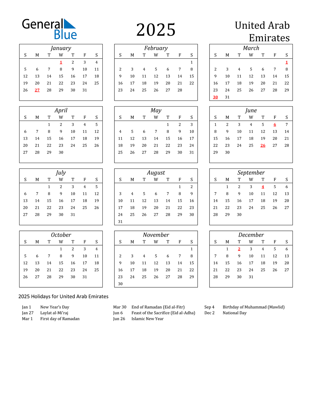 2025 United Arab Emirates Calendar with Holidays