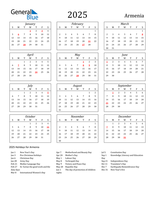 2025 Armenia Holiday Calendar