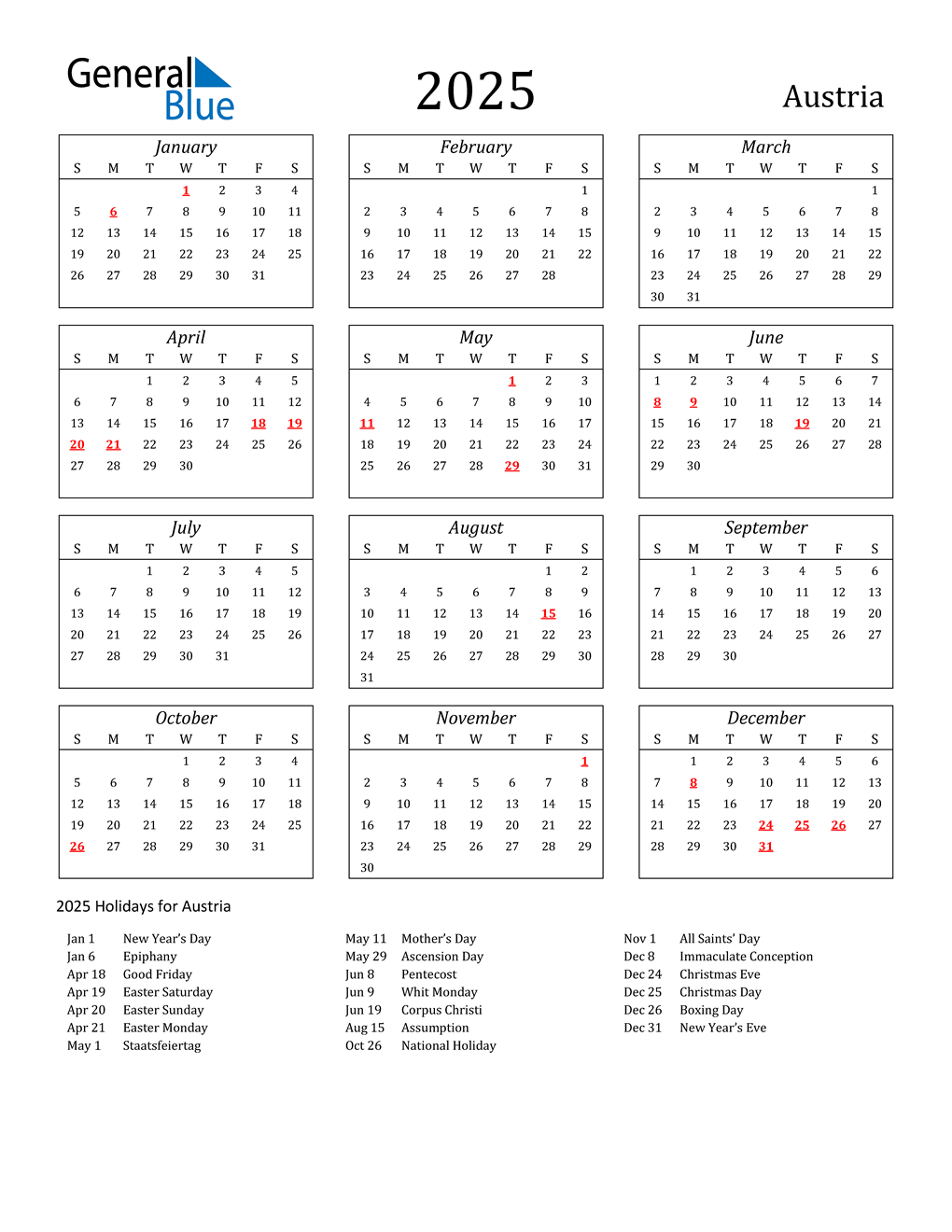 2025 Austria Calendar with Holidays