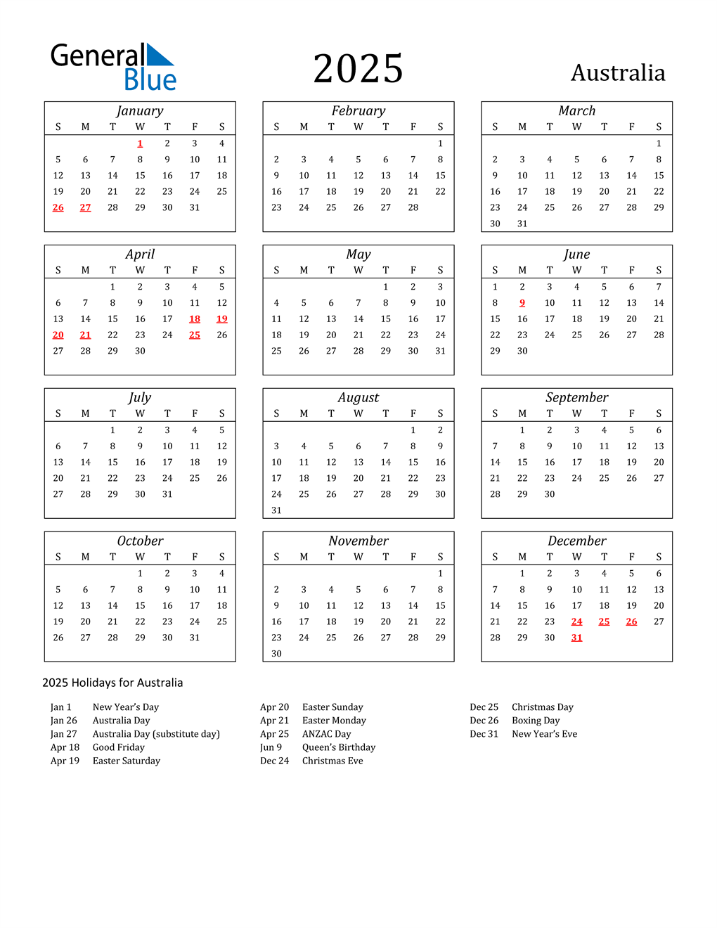 2025 Australia Calendar with Holidays