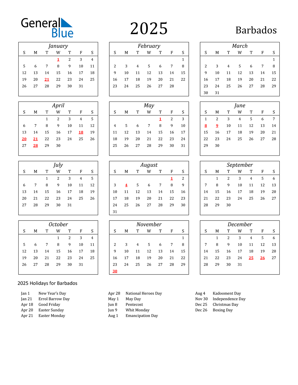 2025 Barbados Calendar with Holidays