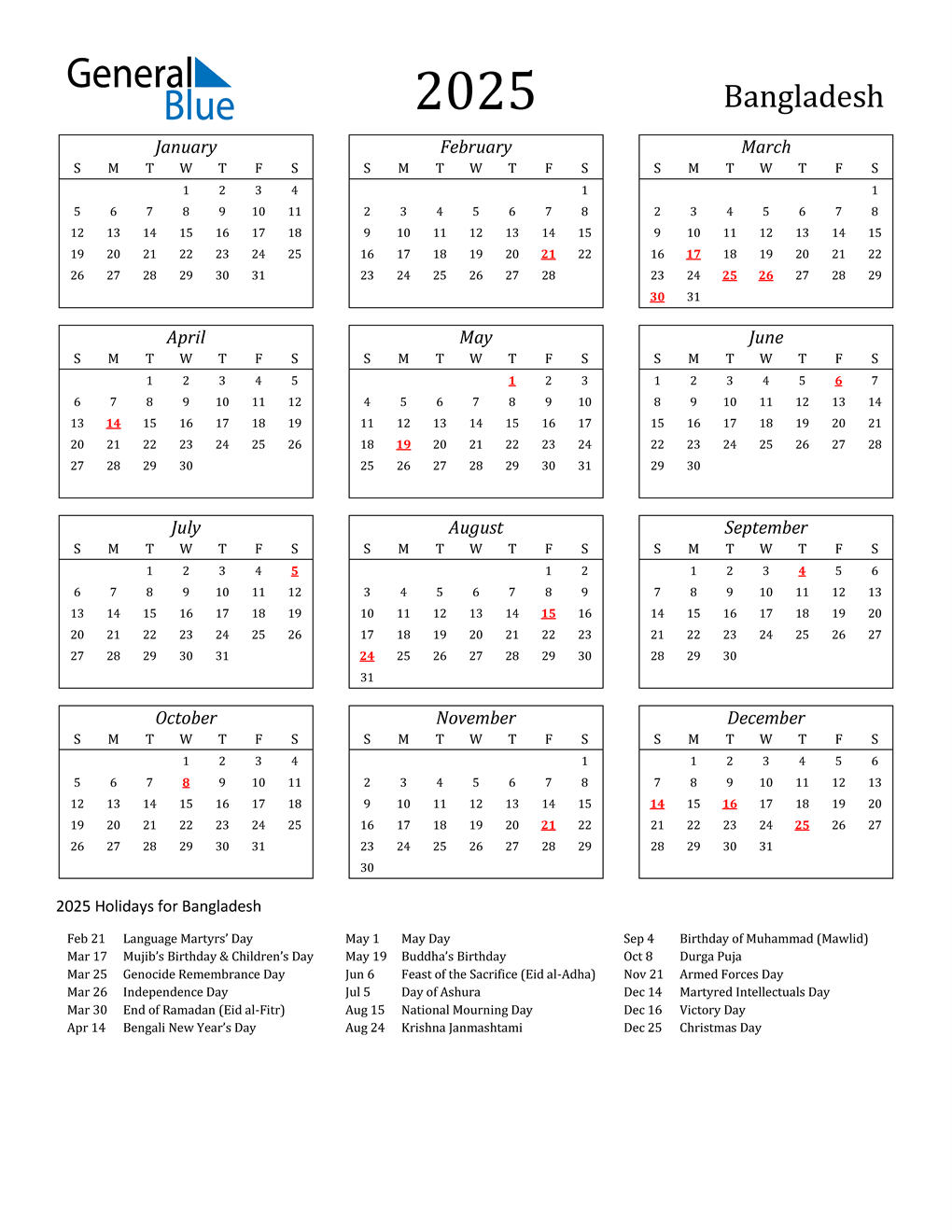 2025 Bangladesh Calendar with Holidays