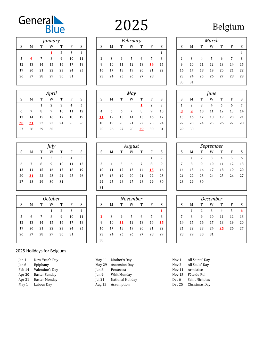 2025 Belgium Calendar with Holidays