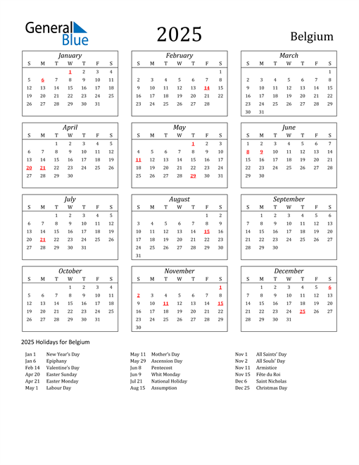 2025 Belgium Calendar with Holidays