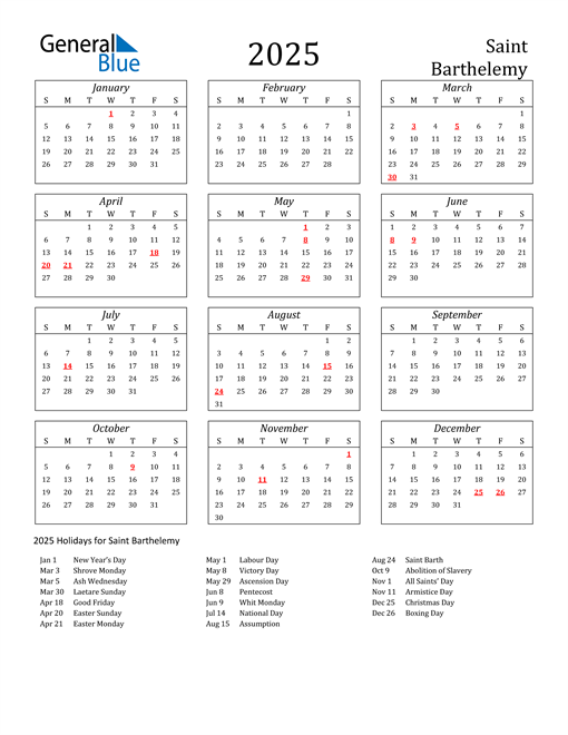 2025 Saint Barthelemy Holiday Calendar