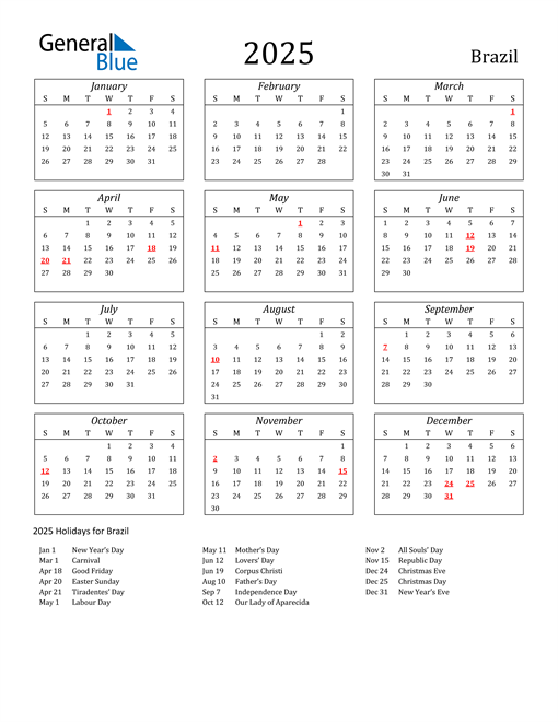 2025 Brazil Calendar with Holidays