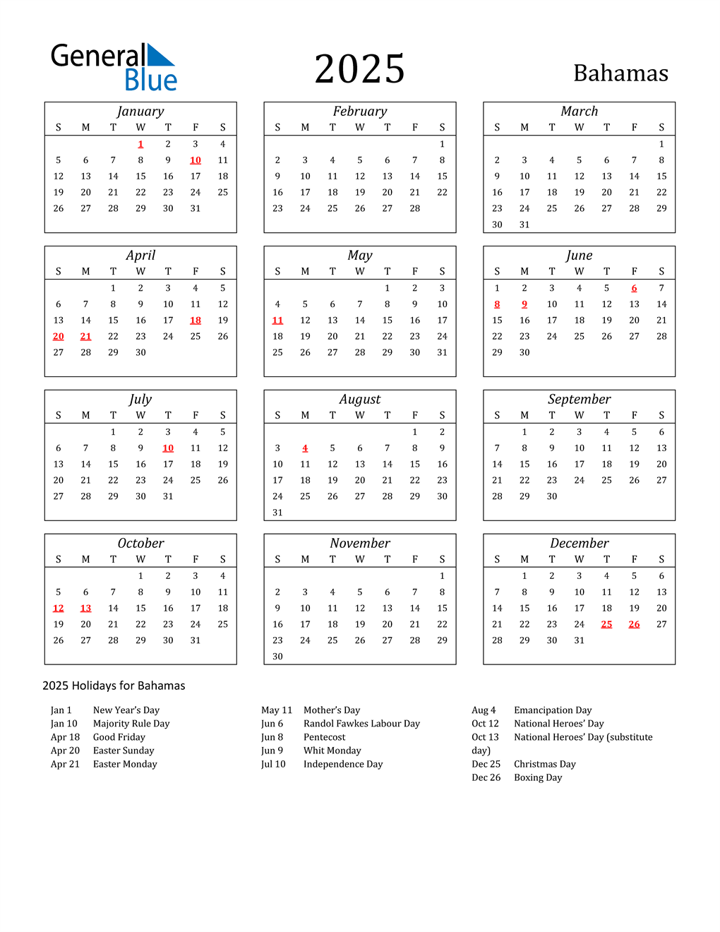 2025 Bahamas Calendar with Holidays