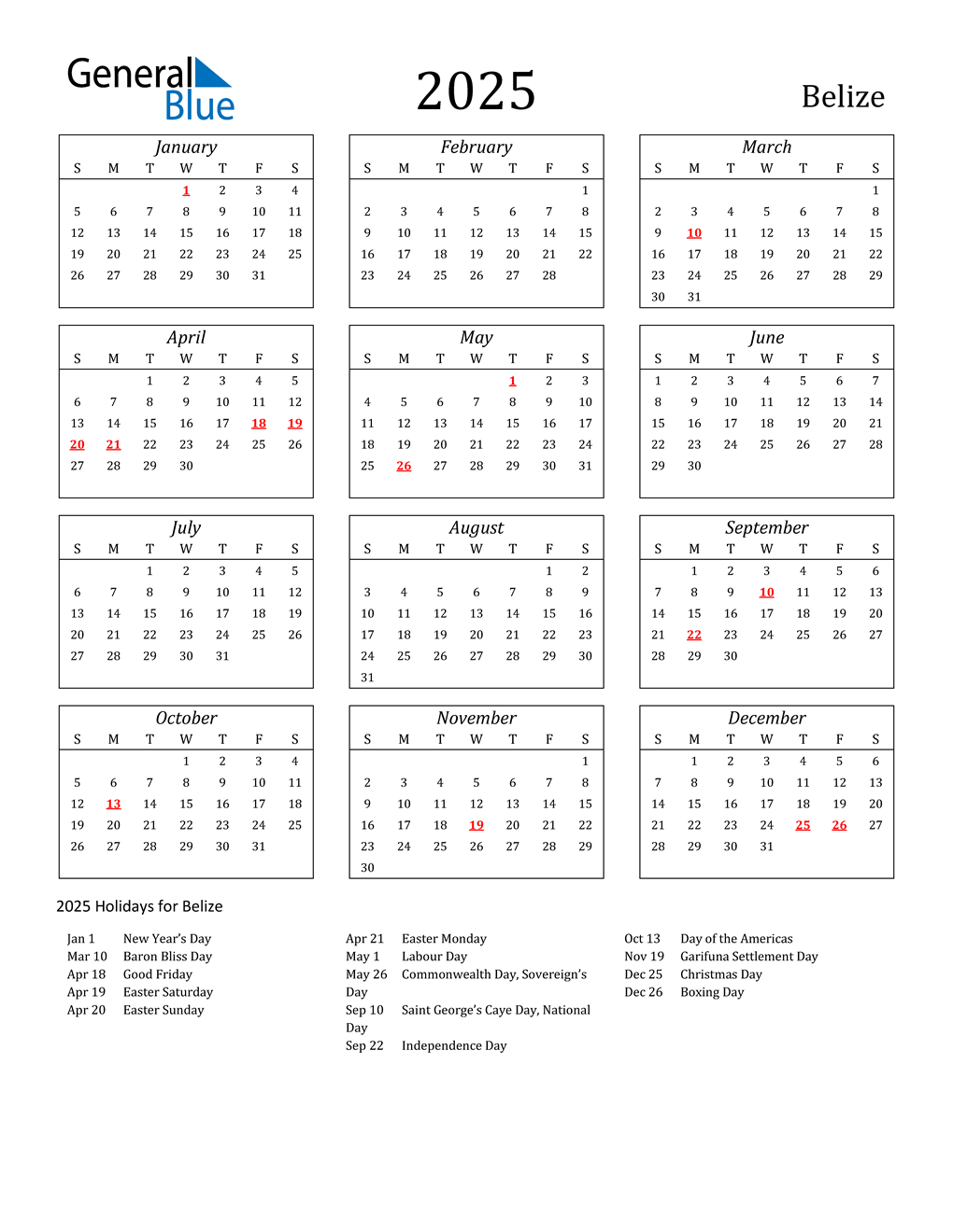 2025 Belize Calendar with Holidays