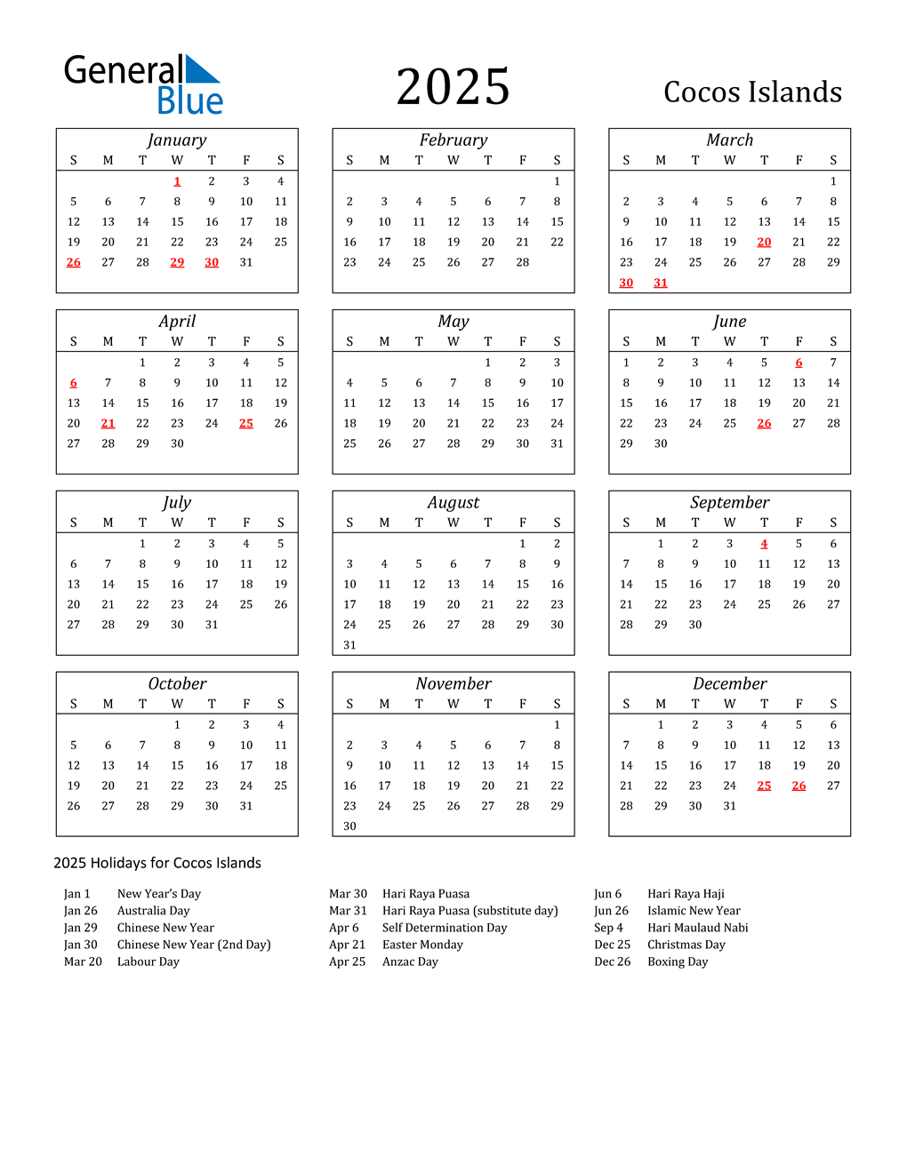 2025 Cocos Islands Calendar with Holidays