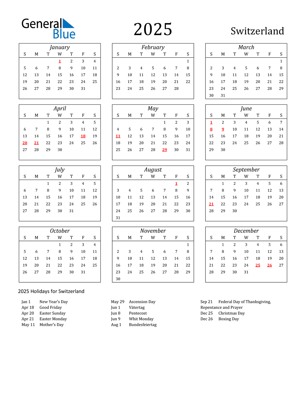 2025 Switzerland Calendar with Holidays