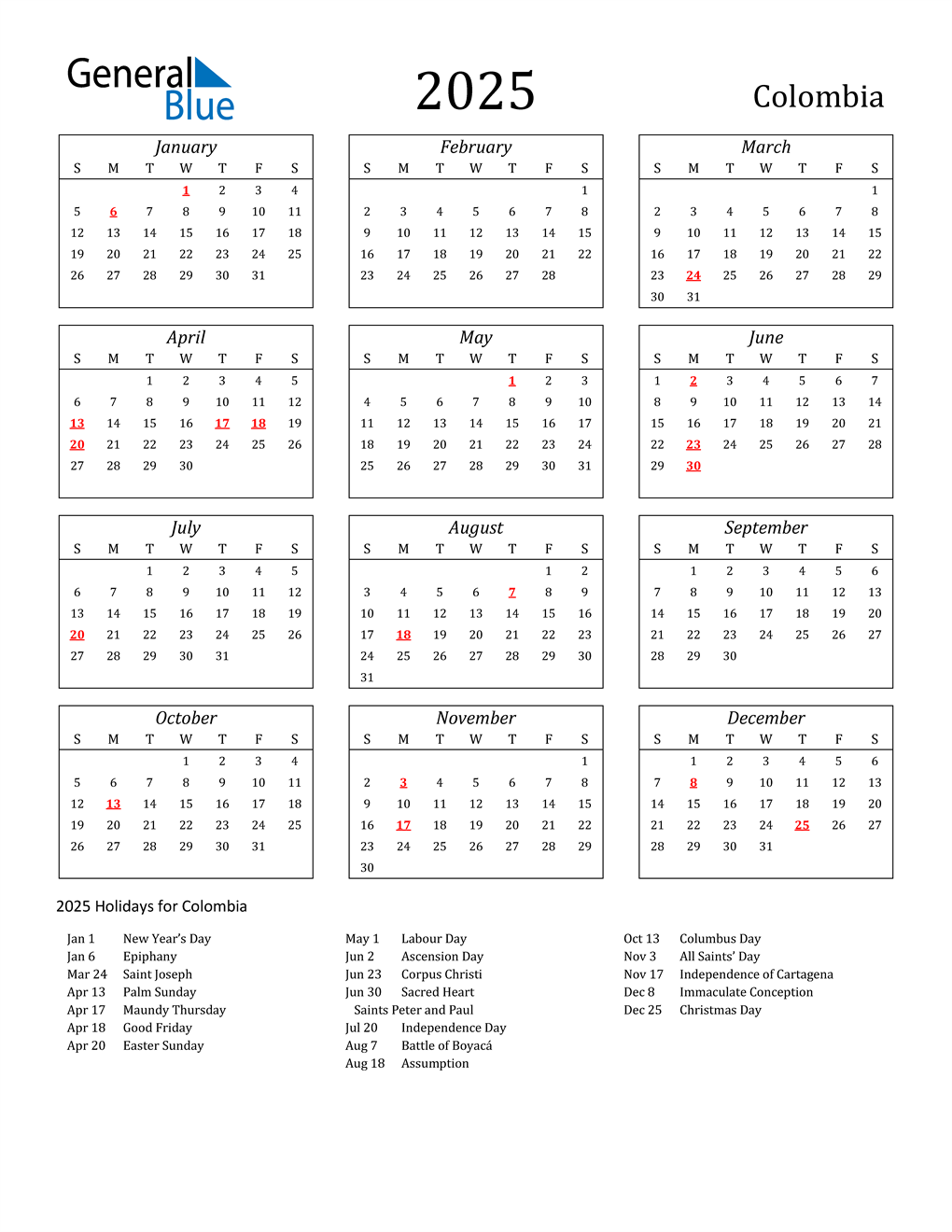 2025 Colombia Calendar with Holidays