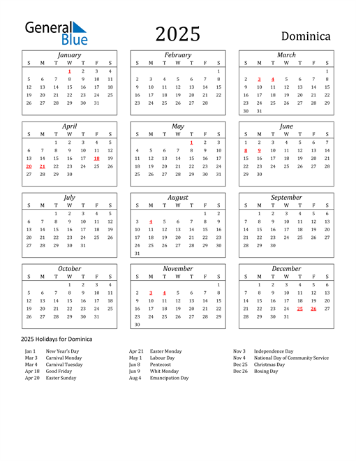 2025 Dominica Holiday Calendar