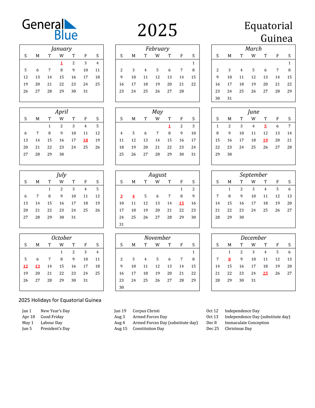 2025 Equatorial Guinea Calendar with Holidays