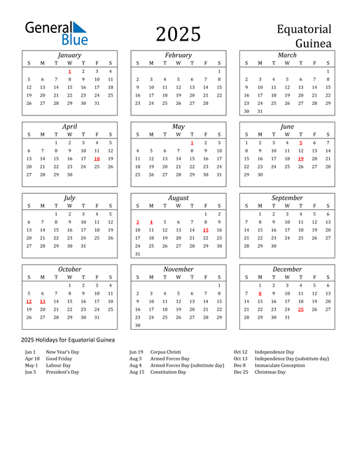 2025 Equatorial Guinea Calendar with Holidays