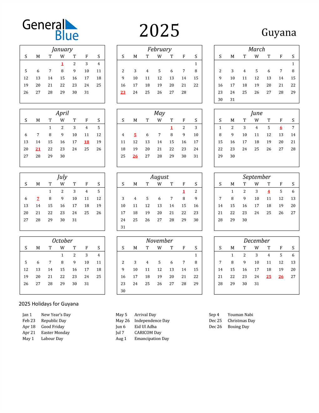 2025 Guyana Calendar with Holidays