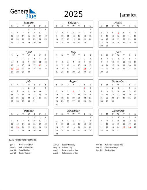 2025 Jamaica Holiday Calendar