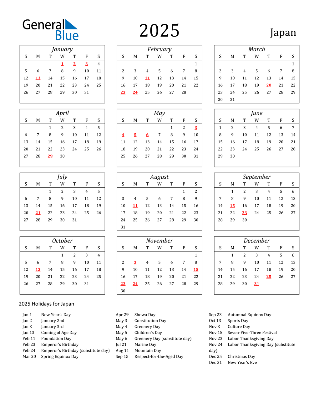 2025 Japan Calendar with Holidays