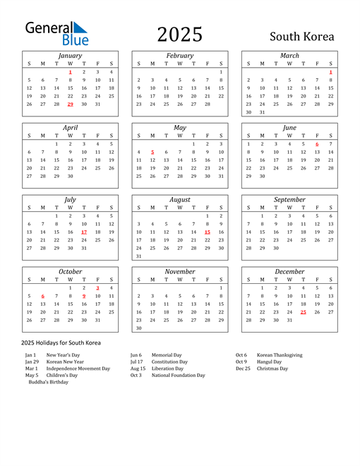2025 South Korea Holiday Calendar