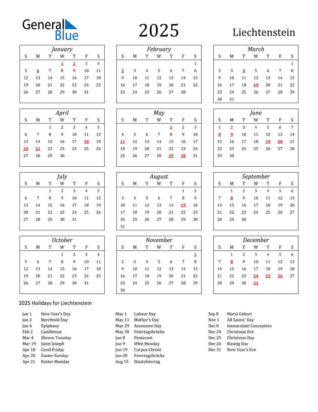 2025 Liechtenstein Calendar with Holidays