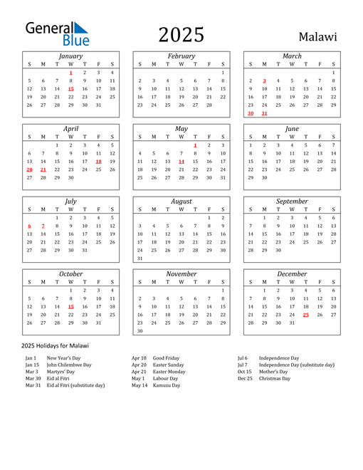 2025 Malawi Holiday Calendar