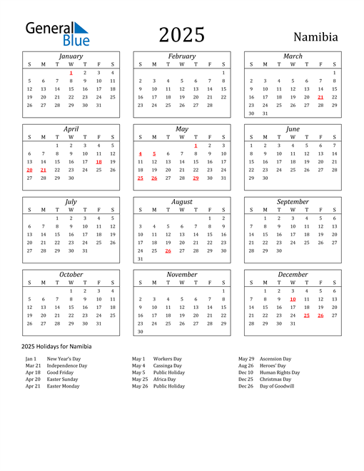 2025 Namibia Holiday Calendar