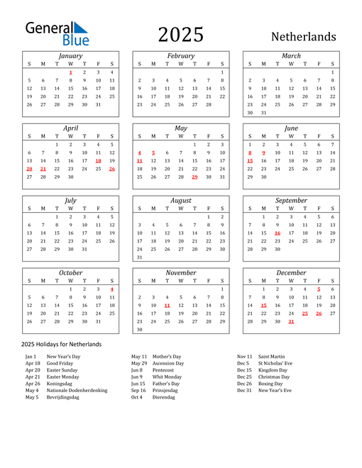 2025 Netherlands Calendar with Holidays