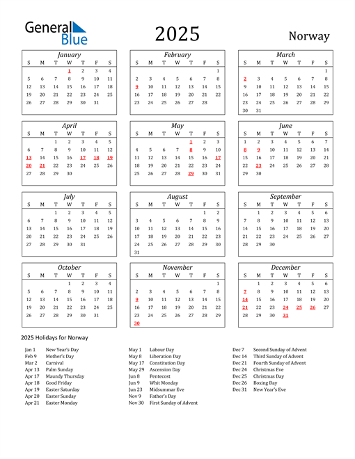 2025 Norway Calendar with Holidays