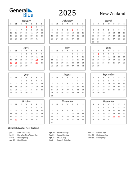 2025 New Zealand Calendar with Holidays