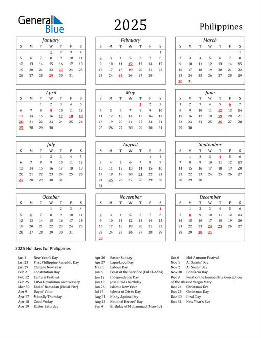 2025 Philippines Calendar With Holidays