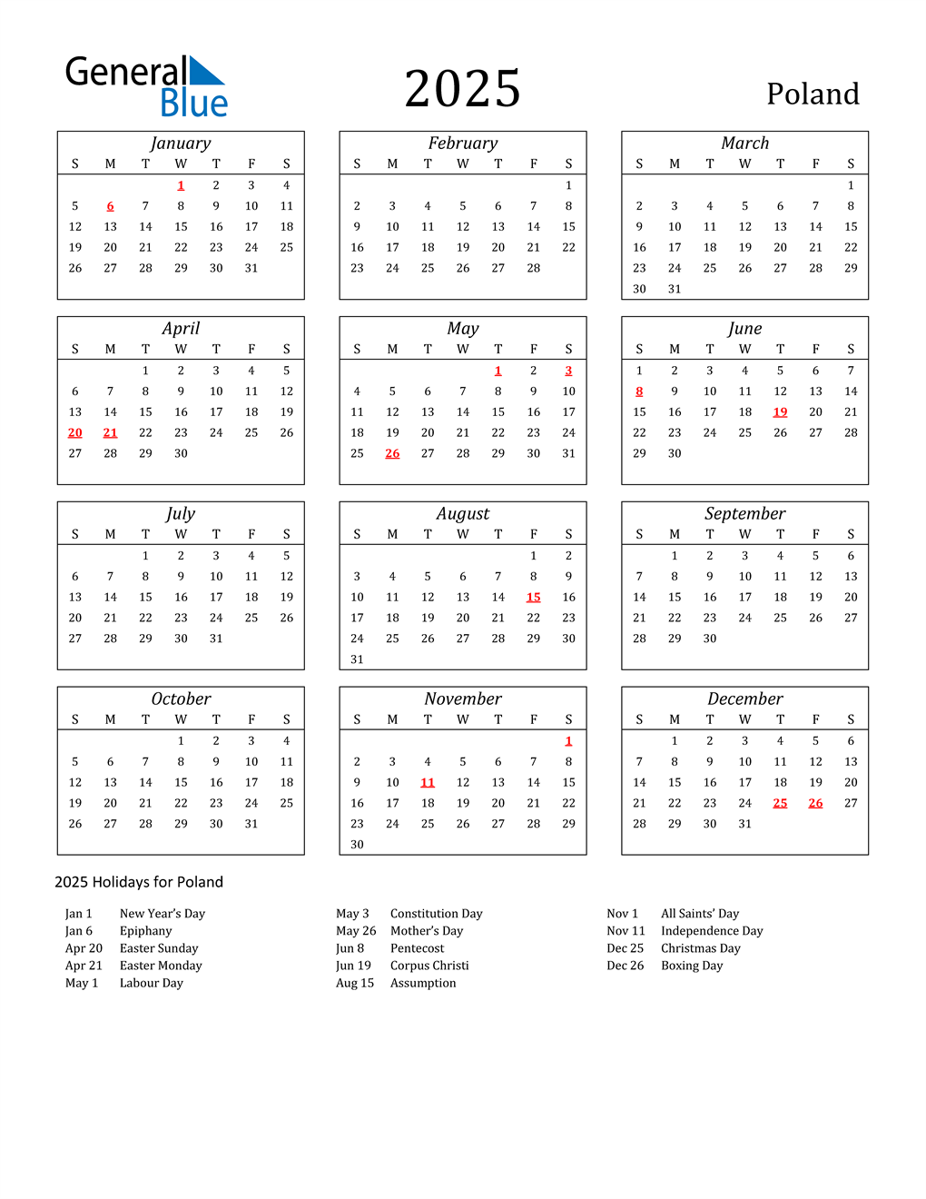 2025 Poland Calendar with Holidays