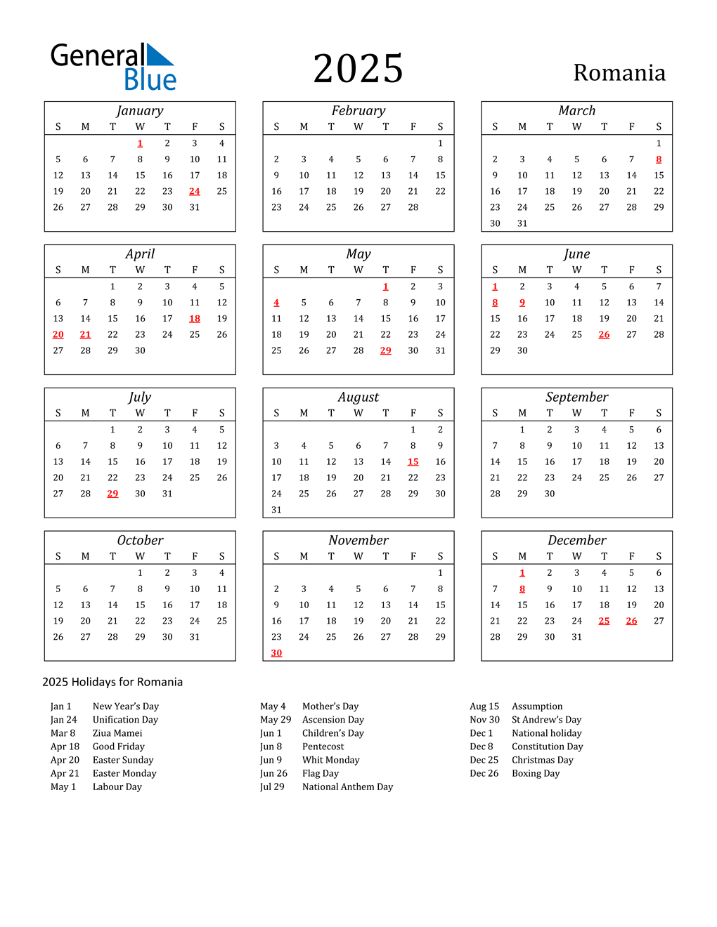 2025 Romania Calendar with Holidays