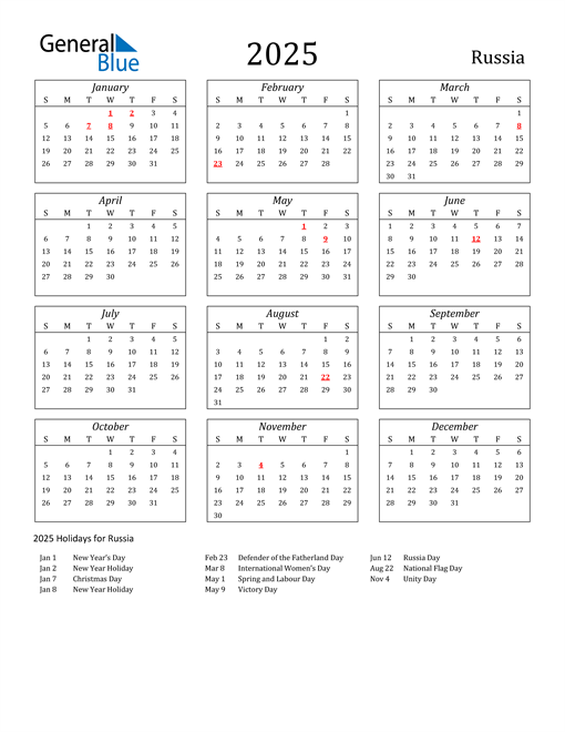 2025 Russia Holiday Calendar