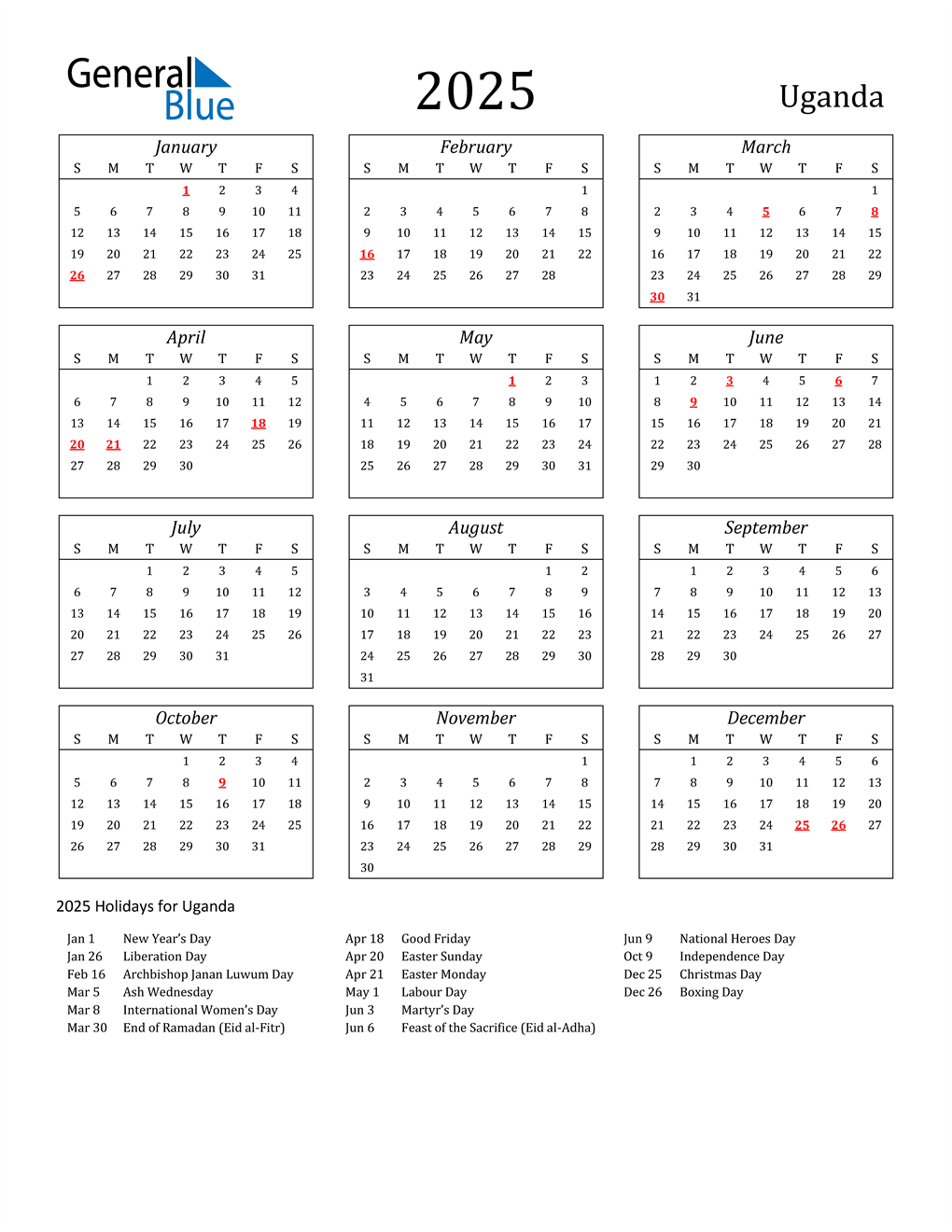 2025 Uganda Calendar with Holidays