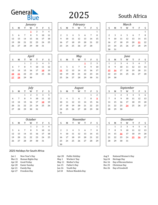 2025 Calendar South Africa 