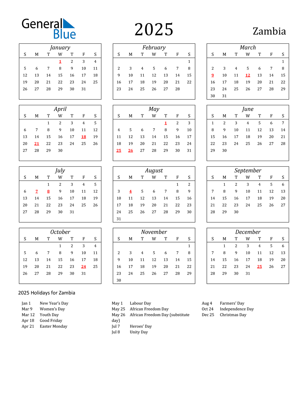 2025 Zambia Calendar with Holidays