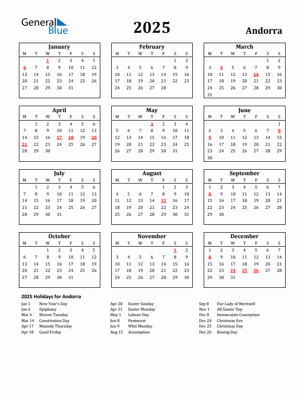 2025 Andorra Holiday Calendar - Monday Start