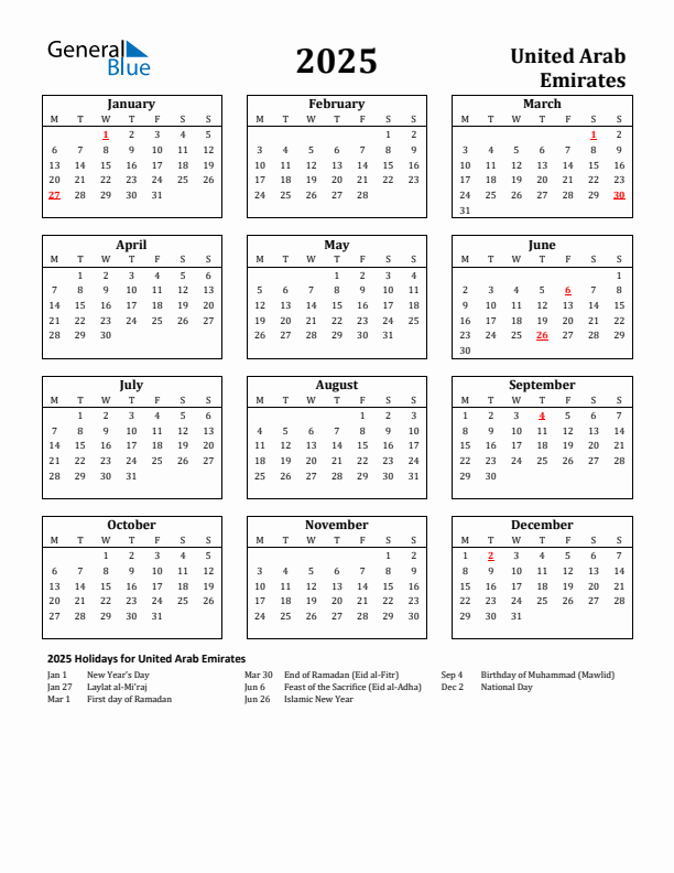 2025 United Arab Emirates Holiday Calendar - Monday Start