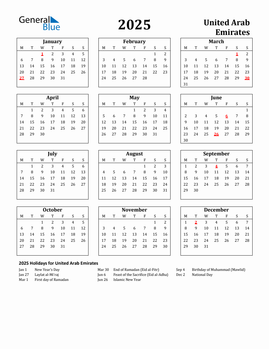 Free Printable 2025 United Arab Emirates Holiday Calendar