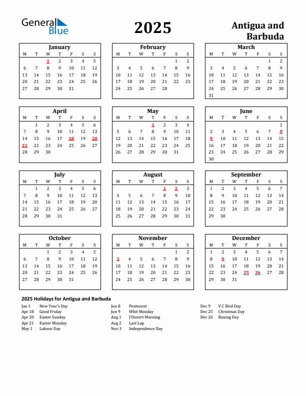 2025 Antigua and Barbuda Holiday Calendar - Monday Start