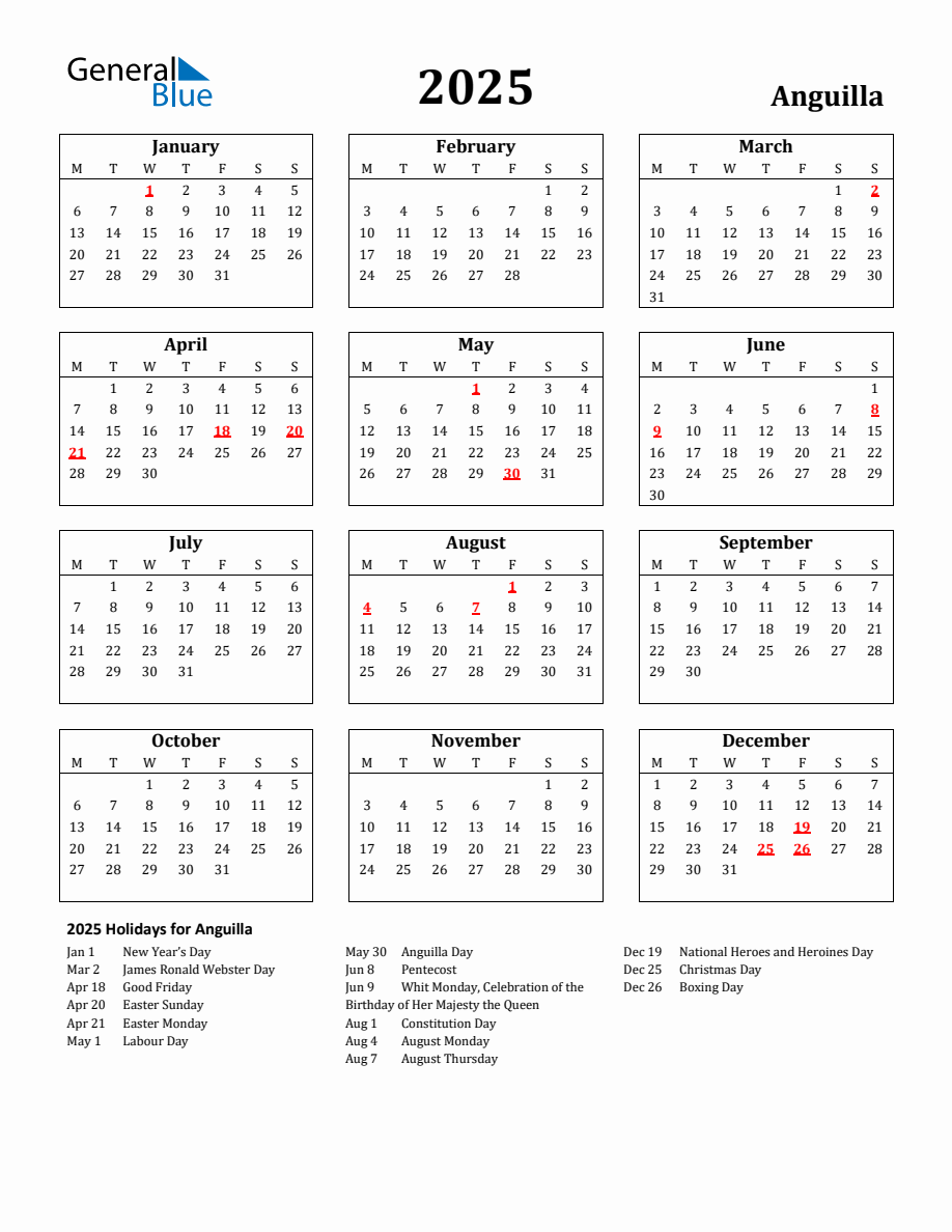 Free Printable 2025 Anguilla Holiday Calendar