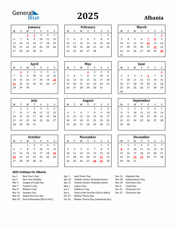 2025 Albania Holiday Calendar - Monday Start