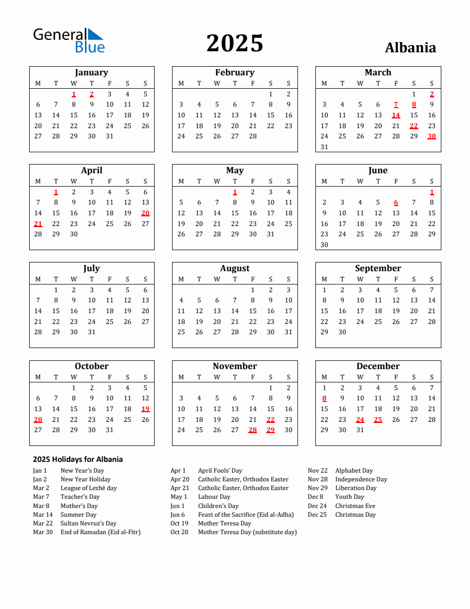 Free Printable 2025 Albania Holiday Calendar