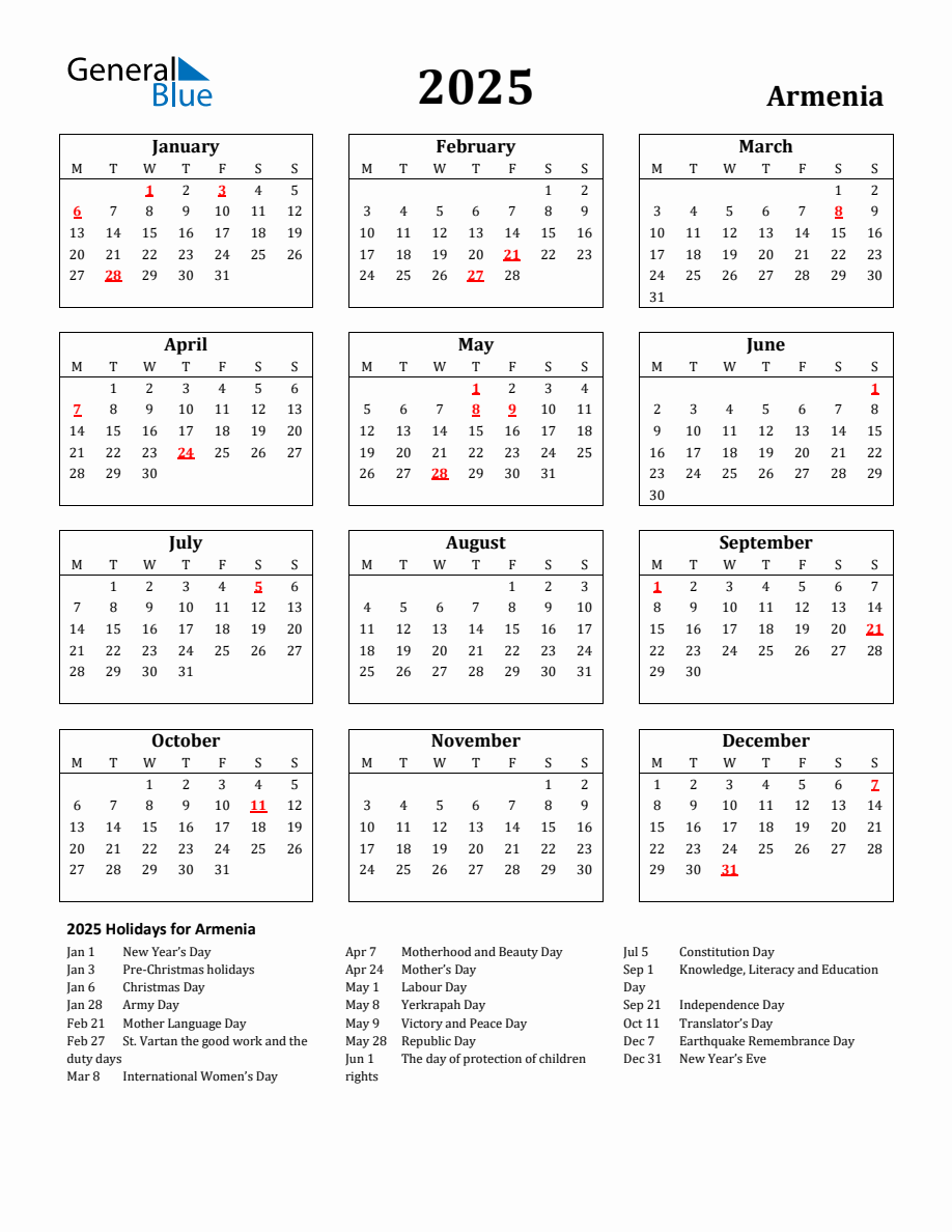 Free Printable 2025 Armenia Holiday Calendar
