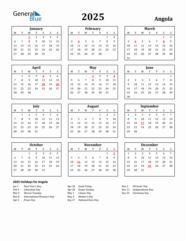 2025 Angola Holiday Calendar - Monday Start