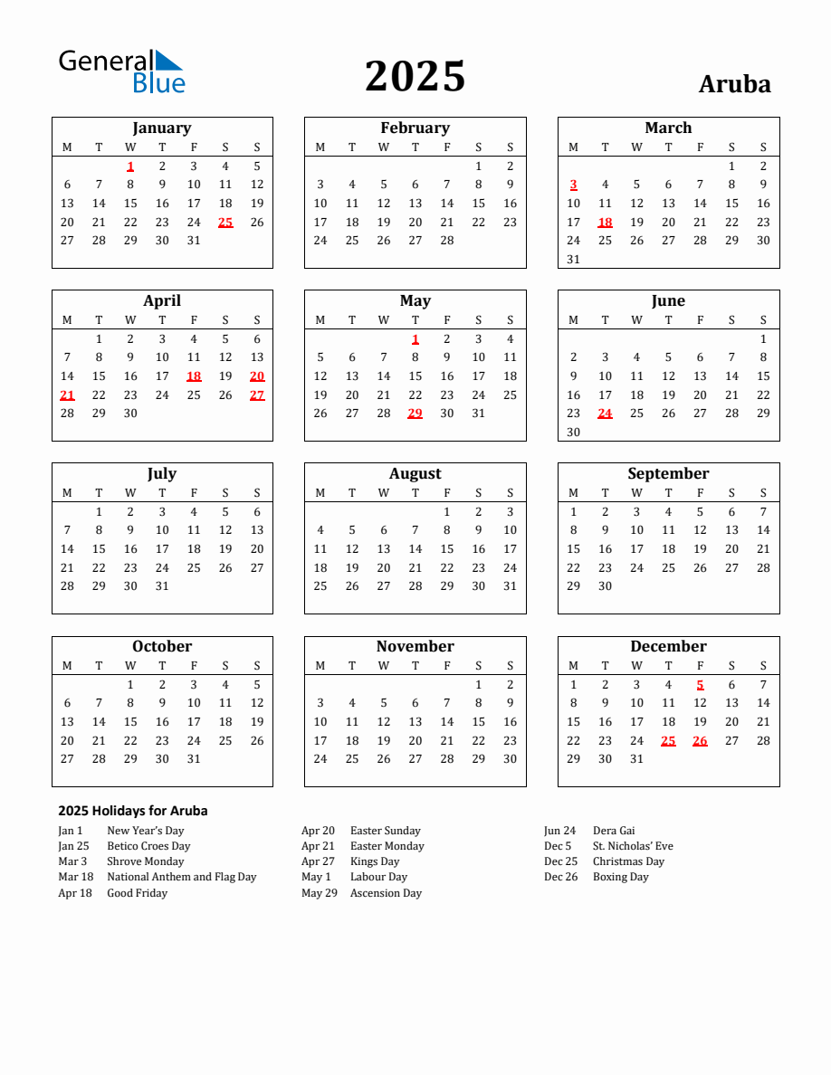 Free Printable 2025 Aruba Holiday Calendar
